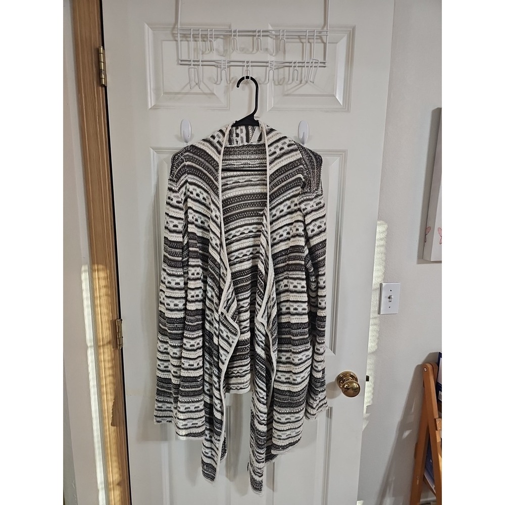 Pina Rossi Striped Knit Open Cardigan Sweater Black‎ White Beige Women's Size L